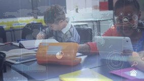 In school, children using tablet with animation and digital technology overlay. Education, learning, classroom, innovation, future, students - Powered by Shutterstock - Get 15% off with code: PIKWIZARD15