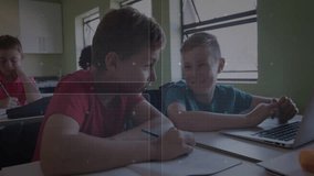 Children studying with futuristic data processing animation overlay in classroom. Technology, education, learning, innovation, digital, future - Powered by Shutterstock - Get 15% off with code: PIKWIZARD15