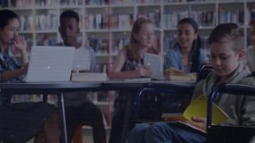 Digital network animation over diverse students reading in library setting. Technology, connectivity, literature, diversity, learning, education - Powered by Shutterstock - Get 15% off with code: PIKWIZARD15