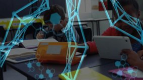 Children using tablets in classroom with digital DNA strand animation overlay. Technology, education, digital learning, innovation, interaction - Powered by Shutterstock - Get 15% off with code: PIKWIZARD15