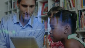 Teacher interacting with children in library, financial data animation overlay. Education, teaching, technology, finance, analytics, learning - Powered by Shutterstock - Get 15% off with code: PIKWIZARD15