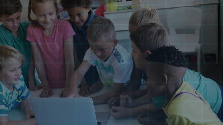 Children gathered around laptop with digital circuit and data processing animation. Technology, education, innovation, teamwork, coding, learning - Powered by Shutterstock - Get 15% off with code: PIKWIZARD15
