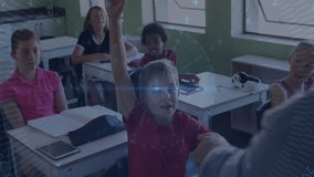 Students in classroom with digital data processing animation over teacher. Education, technology, innovation, learning, teaching, analytics - Powered by Shutterstock - Get 15% off with code: PIKWIZARD15