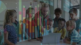 In school, teacher guiding diverse children with laptop, animation of data charts. Education, technology, teaching, learning, diversity, data visualization - Powered by Shutterstock - Get 15% off with code: PIKWIZARD15