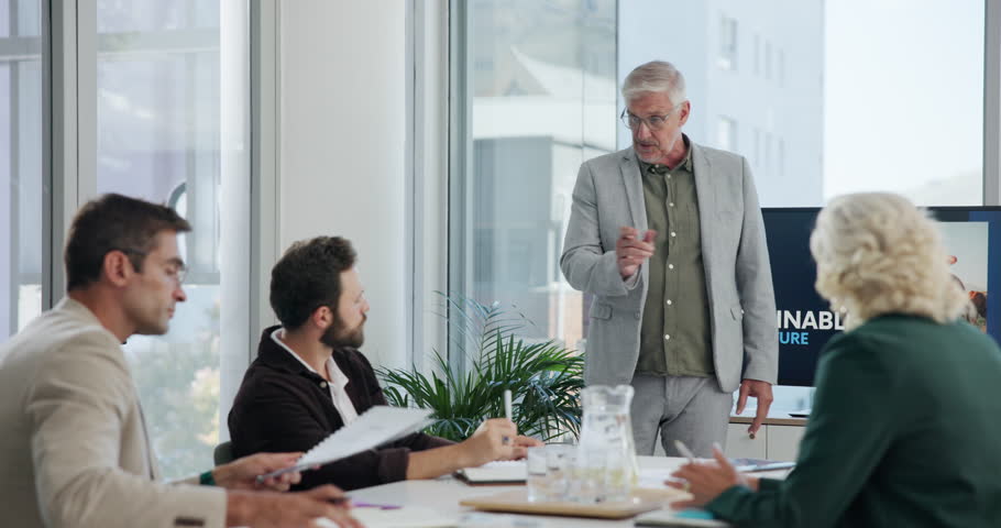 Man, presentation and sustainability with business people in meeting for agriculture, social responsibility and report Planning, workshop and farming impact with employees in office for proposal