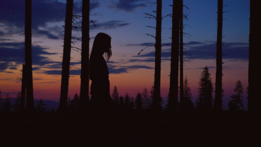 A woman exploring a mystical forest at dusk.