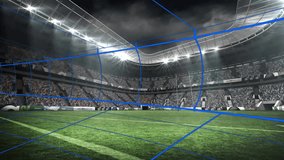 Animation of blue grid lines overlaying soccer stadium field and stands. Technology, digital, virtual, sports, futuristic, augmented - Powered by Shutterstock - Get 15% off with code: PIKWIZARD15