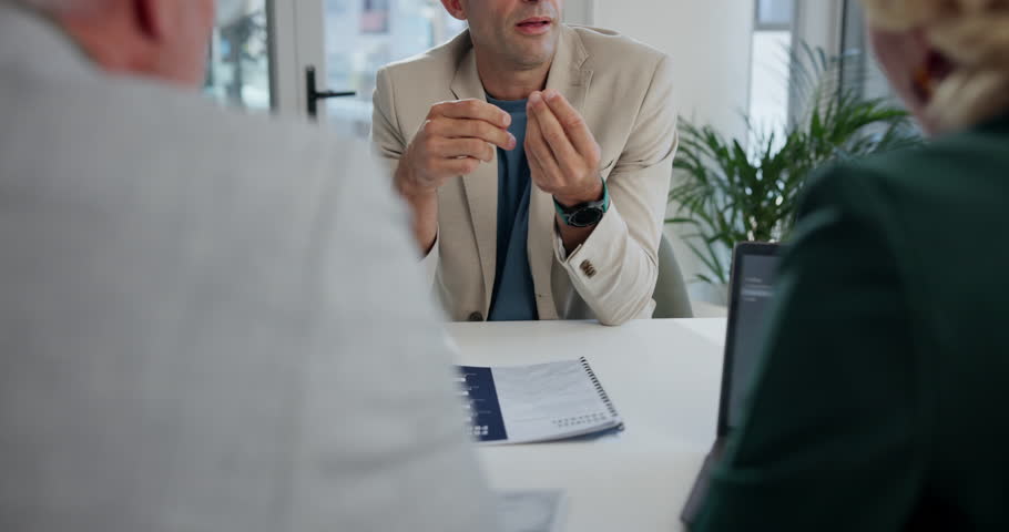 Meeting, insurance and consultant with business people with documents for discussion, negotiation and audit. Office, corporate and men with woman for statistics report, proposal or financial planning