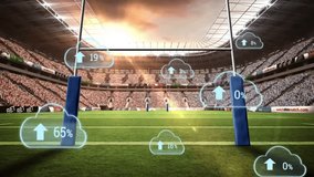 Digital cloud data overlays with percentages and arrows in rugby stadium. Technology, sports analytics, big data, statistics, innovation, networking - Powered by Shutterstock - Get 15% off with code: PIKWIZARD15