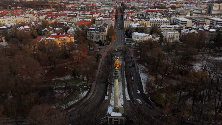 Angel of Peace Friedensengel viewpoint and peace monument in Munich, Germany aerial view in winter. Monument with its terrace in Maximiliansanlagen is popular vantage point. Europaplatz. 