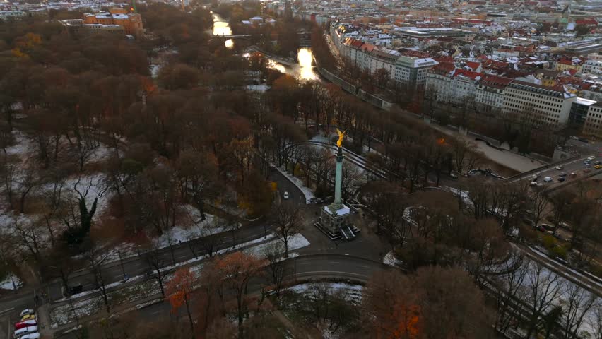 Angel of Peace Friedensengel viewpoint and peace monument in Munich, Germany aerial view in winter. Monument with its terrace in Maximiliansanlagen is popular vantage point. Europaplatz. 