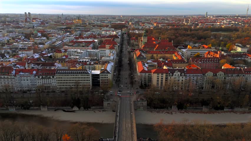 Angel of Peace Friedensengel viewpoint and peace monument in Munich, Germany aerial view in winter. Monument with its terrace in Maximiliansanlagen is popular vantage point. Europaplatz. 