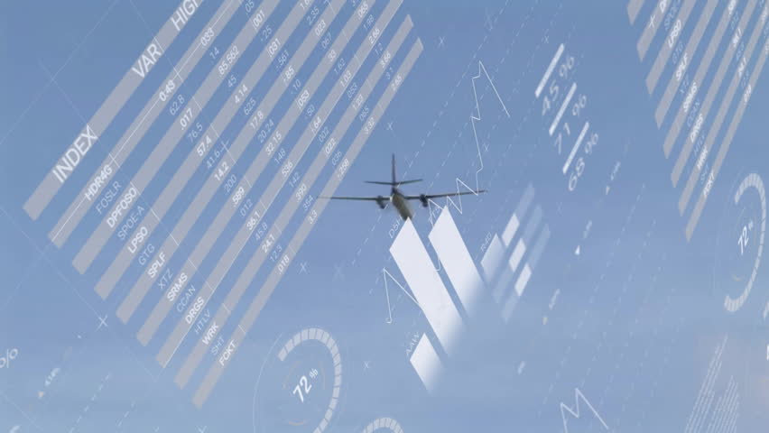 Flying over global data charts and pie graphs, airplane in blue sky animation. Aviation, statistics, analytics, data visualization, technology, business - Powered by Shutterstock - Get 15% off with code: PIKWIZARD15