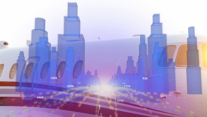 Digital data and bar graphs overlaying airplane scene, animation in progress. Analytics, aviation, technology, business, financial, data visualization - Powered by Shutterstock - Get 15% off with code: PIKWIZARD15