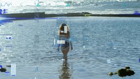 Person walking in water with data visualization animation over ocean scene. Technology, innovation, data analysis, digital, futuristic, innovation - Powered by Shutterstock - Get 15% off with code: PIKWIZARD15