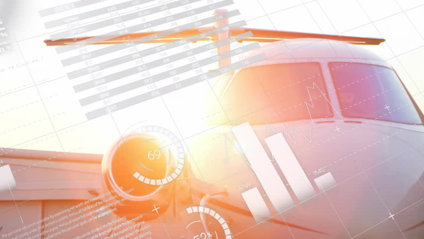 Airplane with financial data processing animation overlaying cockpit and engines. Aviation, finance, data analysis, technology, innovation, digital - Powered by Shutterstock - Get 15% off with code: PIKWIZARD15