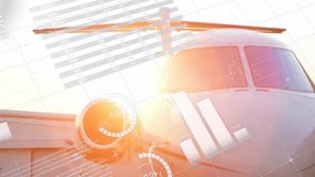 Airplane with financial data processing animation overlaying cockpit and engines. Aviation, finance, data analysis, technology, innovation, digital - Powered by Shutterstock - Get 15% off with code: PIKWIZARD15