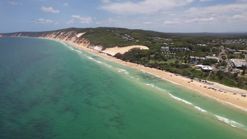 Rainbow Beach With Turquoise Seascape In Queensland, Australia - Aerial Panoramic