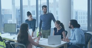 Collaborating in office, business team using data analytics animation on screen. Teamwork, collaboration, innovation, brainstorm, technology, strategy - Powered by Shutterstock - Get 15% off with code: PIKWIZARD15