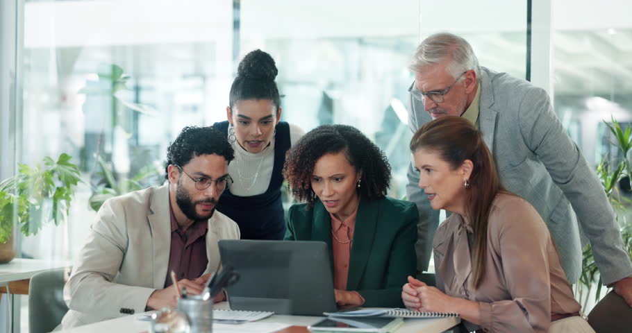 Meeting, fail and crisis with business people and laptop in office for bad news, investor mistake and sad. Stock market crash, stress and glitch with frustrated employees for trading inflation