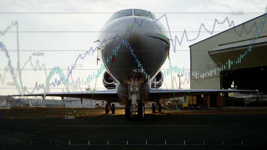 Financial graph animation overlaying airplane on tarmac at airport runway. Aviation, finance, economy, investment, transportation, travel