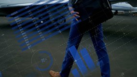 Businessman walking past private jet with financial data animation overlay. Corporate, luxury, aviation, executive, finance, success - Powered by Shutterstock - Get 15% off with code: PIKWIZARD15
