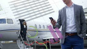 Using smartphone, businessman analyzing data charts with animation on private jet. executive, luxury, travel, technology, analysis, finance - Powered by Shutterstock - Get 15% off with code: PIKWIZARD15
