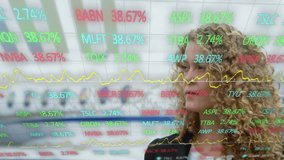 In office, animation overlaying stock market data on businesswoman with curly hair. Finance, investment, economy, analytics, technology, digital - Powered by Shutterstock - Get 15% off with code: PIKWIZARD15