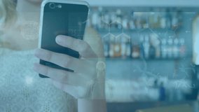 Woman holding smartphone and drink with DNA strand animation overlay. Technology, biotechnology, innovation, genetics, research, science - Powered by Shutterstock - Get 15% off with code: PIKWIZARD15