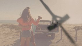 Embracing couple near pickup truck on beach, enjoying ocean view and sunshine. Romance, sunset, outdoors, travel, leisure - Powered by Shutterstock - Get 15% off with code: PIKWIZARD15