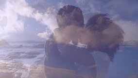 Embracing couple with animation of serene sky and clouds in background. Romance, love, affection, digital art, dreamlike, connection - Powered by Shutterstock - Get 15% off with code: PIKWIZARD15