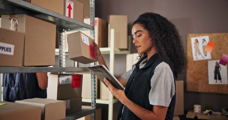 Logistics, woman or tablet with box inspection for inventory management, parcel distribution or shipping process. Supply chain, worker and digital app for quality control and order info in warehouse