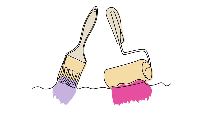 abstract paint brush and paint roller, Self drawing animation one continuous line draw, logo
