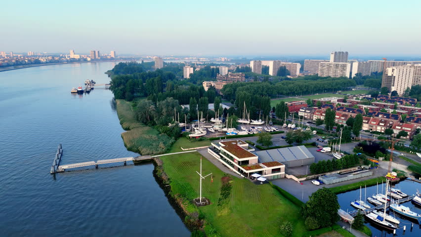 Antwerp, belgium with waterfront and marina by the north sea, aerial view