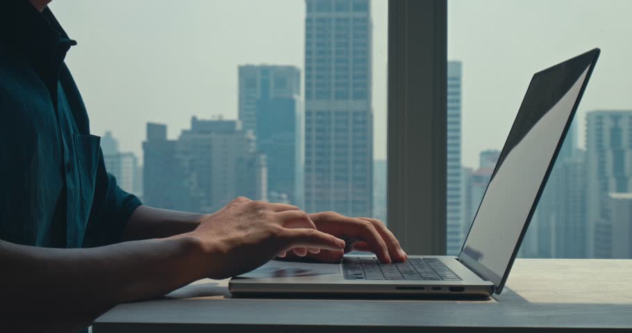Employee begins remote tasks with stunning view, employee demonstrating efficiency and dedication, employee embracing flexible schedule, highly relevant for corporate culture footage.
