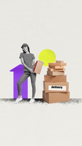 Art motion collage video of girl postal worker hold box arrow delivery