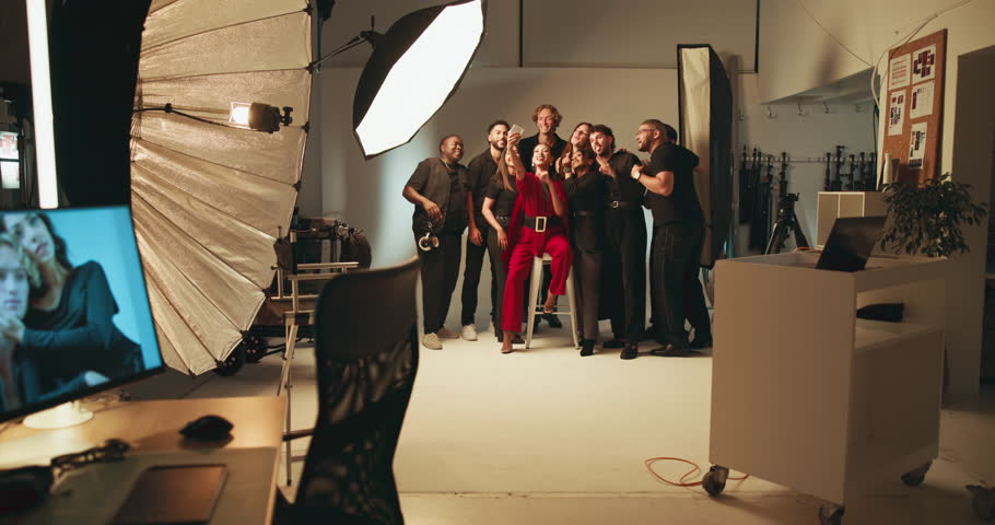 People, selfie and photography photoshoot in studio, backstage and production process. Team, model and BTS with photographer for social media post, casting and fashion magazine with creative industry