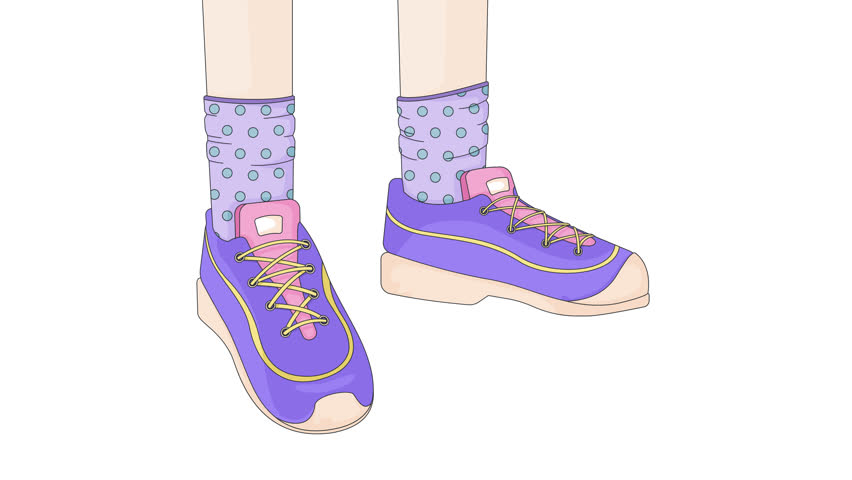 Childish sneakers with polka dot socks 2D character legs animation. Casual wear, kid fashion shoes. Youthful aesthetic footwear animated bodypart closeup cartoon 4K video isolated on white transparent