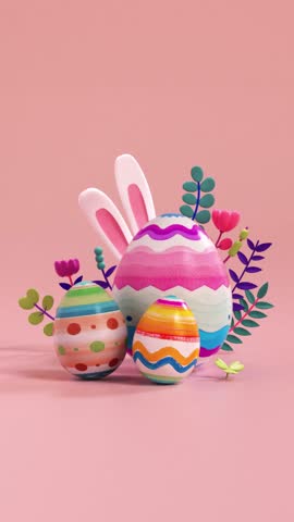 Happy Easter looping video for social media greetings with decorated eggs and playful bunny ears in pastel colors. Colorful modern cartoon style and 3D animation