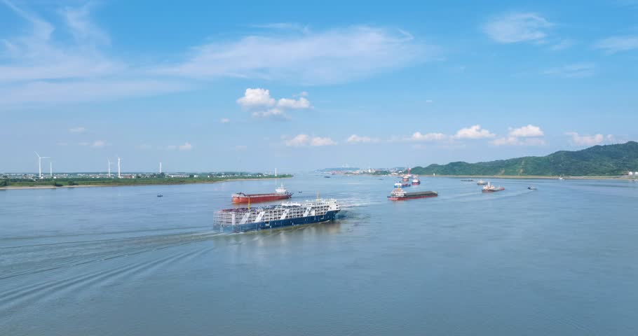 aerial time lapse of the busy Yangtze River water transport scenes, Hukou county, Jiujiang city, Jiangxi province, China
