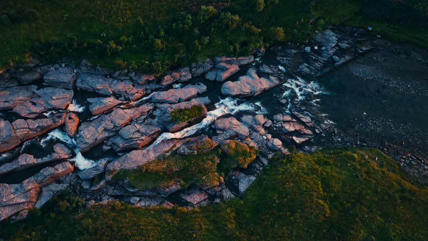 Above View Of A Rocky River Stream Near Kokelv, Norway. Aerial Shot