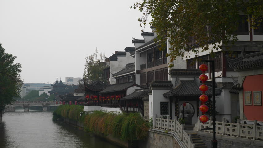 rainy day nanjing city old town famous riverside bay slow motion panorama 4k china