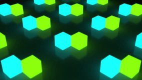 Set of neon light cubes moving in a seamless loop on a reflected surface. Abstract 3d render of geometric light glow cubes. Good for music projects. - Powered by Shutterstock - Get 15% off with code: PIKWIZARD15