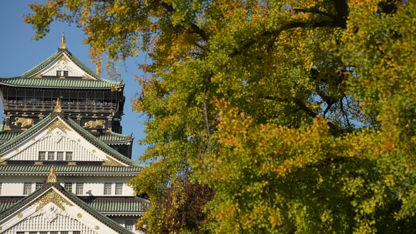 View of Osaka Castle and autumn foliage on a sunny day, Osaka Castle (Osakajo), Chuo Ward, Osaka, Honshu, Japan