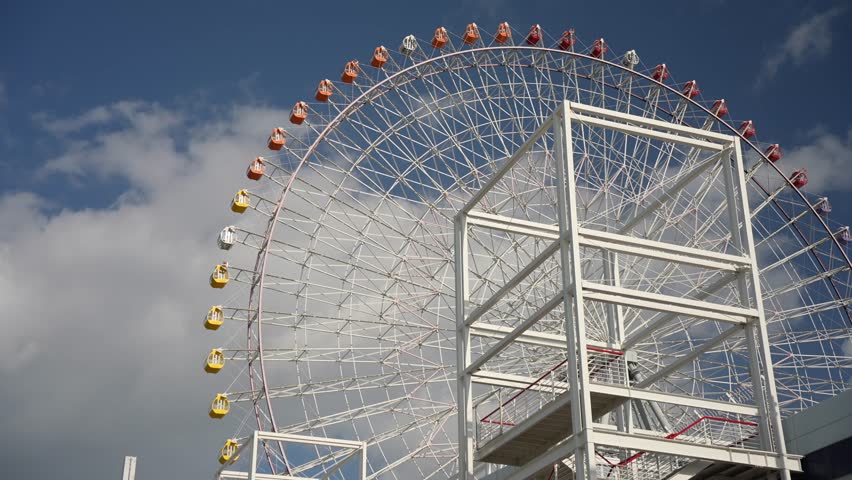 Tempozan Ferris Wheel and suspension bridge over Aji River near Osaka Aquarium Kaiyukan, Kaigandori, Minato Ward, Osaka, Honshu, Japan