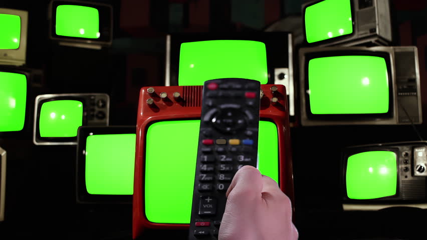 Remote Control Activating Stacked Vintage TVs Turning On and Off With Green Screens - 4K
