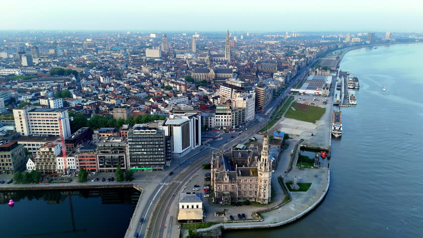 Antwerp, belgium, showcasing the bustling cityscape and north sea coastline, aerial view