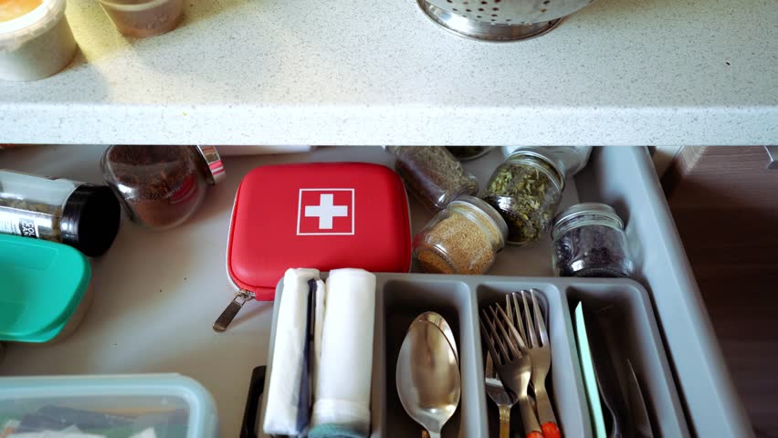 An organized kitchen drawer with utensils, a stocked first aid kit, and neat storage jars enhances storage efficiency and improves overall kitchen functionality and ease of use
