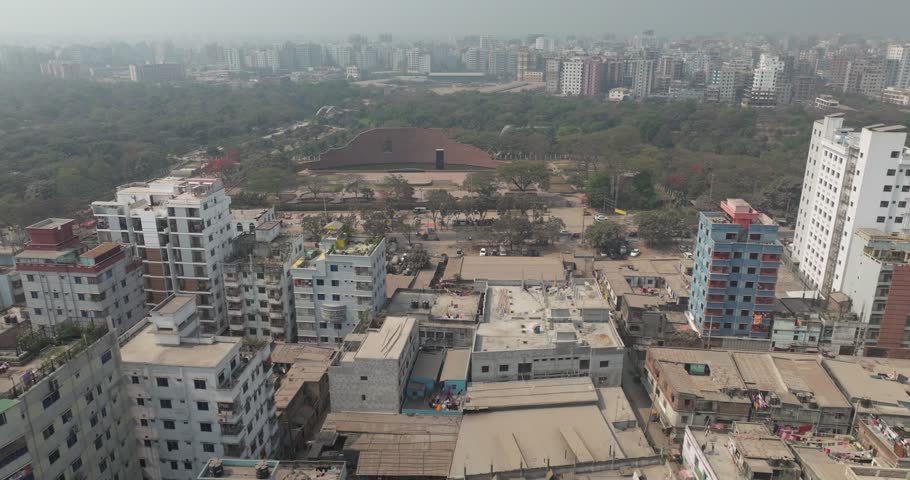 Aerial view of bustling cityscape with urban park, modern buildings, and greenery, Dhaka, Dhaka Province, Bangladesh.