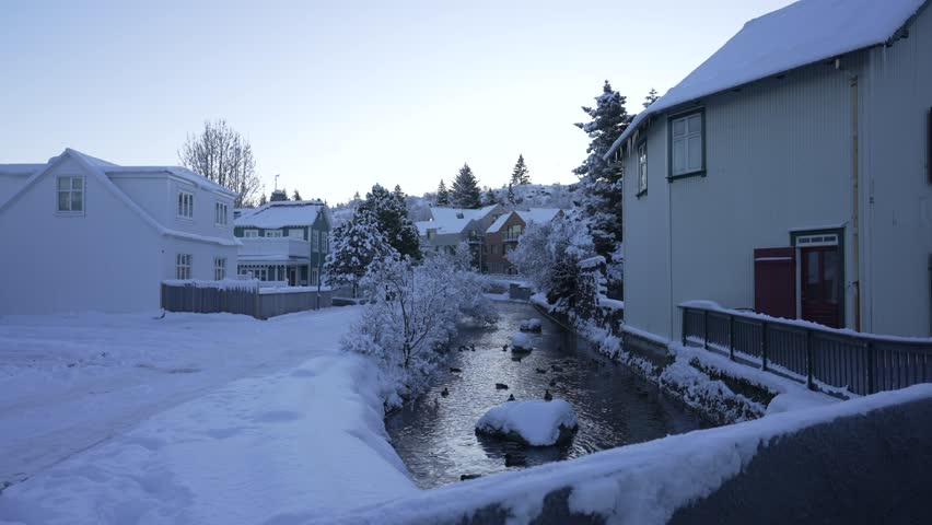 View of shop and snow covered houses and stream in Hafnarfjorour in winter, Hafnarfjorour, Reykjavik, Iceland